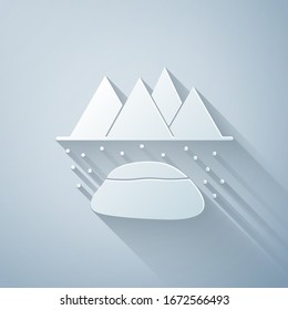 Paper cut Oilfield icon isolated on grey background. Natural resources, oil and gas production. Paper art style. Vector Illustration