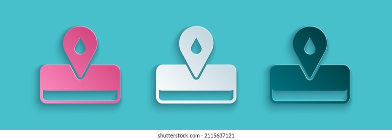 Paper cut Oilfield icon isolated on blue background. Natural resources, oil and gas production. Paper art style. Vector