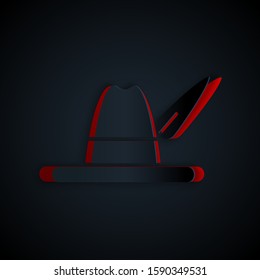 Paper cut Oktoberfest hat icon isolated on black background. Hunter hat with feather. German hat. Paper art style. Vector Illustration