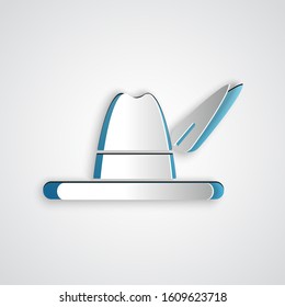 Paper cut Oktoberfest hat icon isolated on grey background. Hunter hat with feather. German hat. Paper art style. Vector Illustration