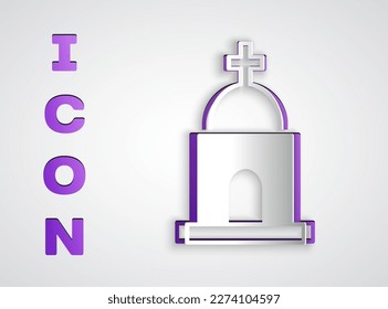 Paper cut Old crypt icon isolated on grey background. Cemetery symbol. Ossuary or crypt for burial of deceased. Paper art style. Vector