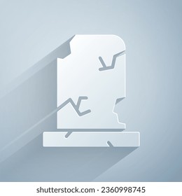 Paper cut Old grave with tombstone icon isolated on grey background. Paper art style. Vector