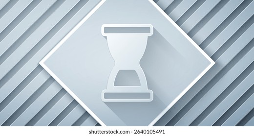 Paper cut Old hourglass with flowing sand icon isolated on grey background. Sand clock sign. Business and time management concept. Paper art style. Vector