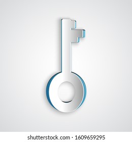 Paper cut Old key icon isolated on grey background. Paper art style. Vector Illustration