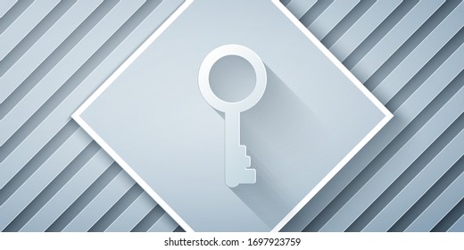 Paper cut Old key icon isolated on grey background. Paper art style. Vector Illustration