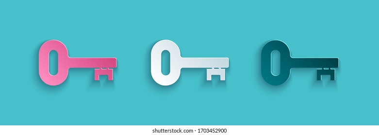 Paper cut Old key icon isolated on blue background. Paper art style. Vector Illustration