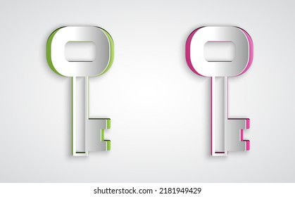 Paper cut Old key icon isolated on grey background. Paper art style. Vector
