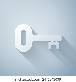 Paper cut Old key icon isolated on grey background. Paper art style. Vector Illustration