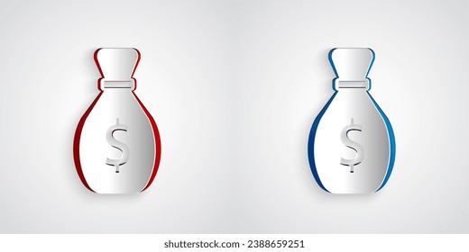 Paper cut Old money bag icon isolated on grey background. Cash Banking currency sign. Paper art style. Vector