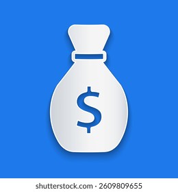 Paper cut Old money bag icon isolated on blue background. Cash Banking currency sign. Paper art style. Vector