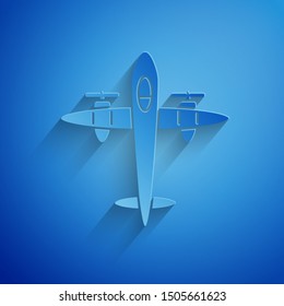 Paper cut Old retro vintage plane icon isolated on blue background. Flying airplane icon. Airliner sign. Paper art style. Vector Illustration