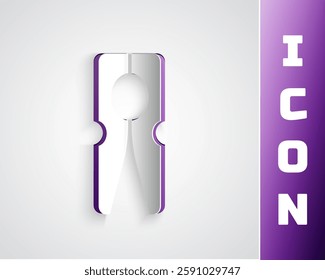 Paper cut Old wood clothes pin icon isolated on grey background. Clothes peg. Paper art style. Vector