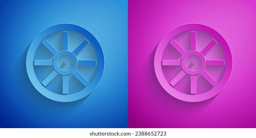 Paper cut Old wooden wheel icon isolated on blue and purple background. Paper art style. Vector