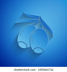 Paper cut Olives branch icon isolated on blue background. Paper art style. Vector Illustration