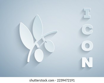 Paper cut Olives branch icon isolated on grey background. Paper art style. Vector