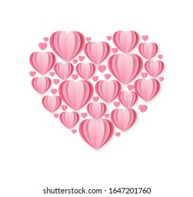Paper cut on a white background. Layered hearts laid out in the shape of a heart. St. Valentine's Day. Greeting card for Women's Day, wedding. Isolated.