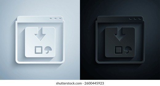 Paper cut Online app delivery tracking icon isolated on grey and black background. Parcel tracking. Paper art style. Vector