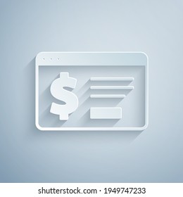 Paper cut Online banking with dollar icon isolated on grey background. Sending money around the world, money transfer, financial transaction. Paper art style. Vector
