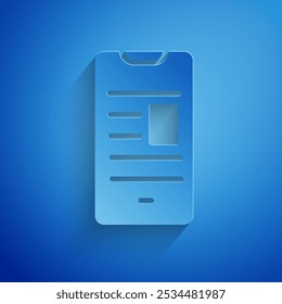 Paper cut Online book on mobile icon isolated on blue background. Internet education concept, e-learning resources. Paper art style. Vector Illustration