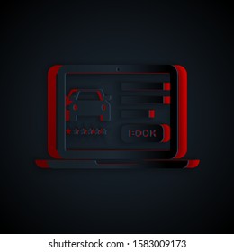 Paper cut Online car sharing icon isolated on black background. Online rental car service. Online booking design concept for laptop. Paper art style. Vector Illustration