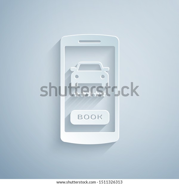 Paper cut Online car\
sharing icon isolated on grey background. Online rental car\
service. Online booking design concept for mobile phone. Paper art\
style. Vector\
Illustration