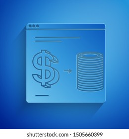 Paper cut Online casino chips exchange on stacks of dollars icon isolated on blue background. Paper art style. Vector Illustration