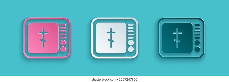 Paper cut Online church pastor preaching video streaming icon isolated on blue background. Online church of Jesus Christ. Paper art style. Vector