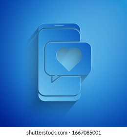 Paper cut Online dating app and chat icon isolated on blue background. International Happy Women Day. Paper art style. Vector Illustration