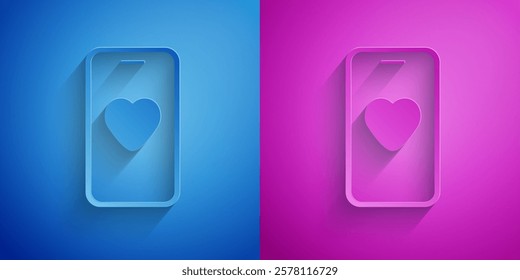 Paper cut Online dating app and chat icon isolated on blue and purple background. International Happy Women Day. Paper art style. Vector