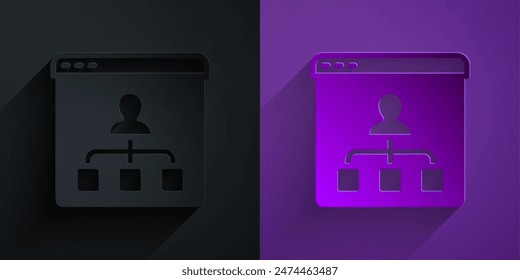 Paper cut Online education and graduation icon isolated on black on purple background. Online teacher on monitor. Webinar and video seminar learning. Paper art style. Vector