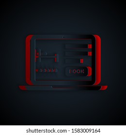 Paper cut Online hotel booking icon isolated on black background. Online booking design concept for laptop. Paper art style. Vector Illustration
