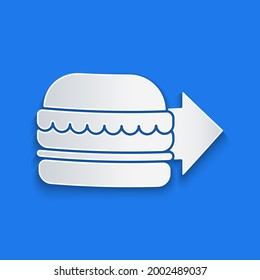 Paper cut Online ordering and burger delivery icon isolated on blue background. Paper art style. Vector Illustration
