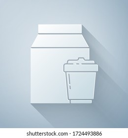 Paper cut Online ordering and fast food delivery icon isolated on grey background. Paper art style. Vector Illustration