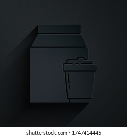 Paper cut Online ordering and fast food delivery icon isolated on black background. Paper art style. Vector Illustration