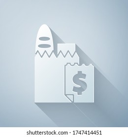 Paper cut Online ordering and fast food delivery icon isolated on grey background. Paper art style. Vector Illustration