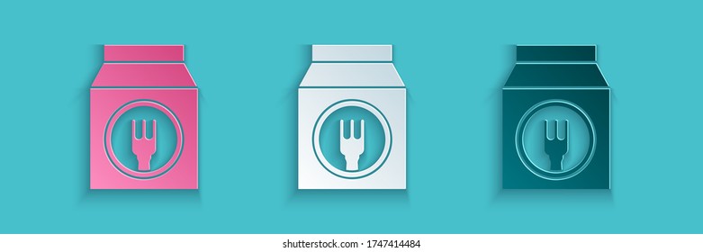 Recorte de papel Pedido online e icono de entrega de comida rápida aislado en fondo azul. Estilo de arte de papel. Ilustración vectorial