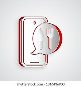 Recorte de papel Pedido en línea e icono de entrega de comida rápida aislado en fondo gris. Signo de hamburguesa. Estilo de arte de papel. Vector