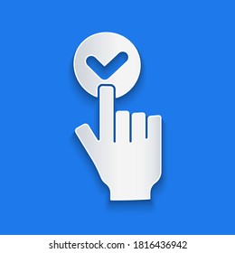 Paper cut Online ordering and fast food delivery icon isolated on blue background. Burger sign. Paper art style. Vector