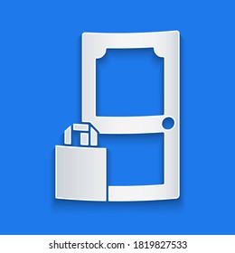 Recorte de papel Pedido online e icono de entrega de comida rápida aislado en fondo azul. Estilo de arte de papel. Ilustración vectorial
