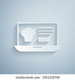 Paper cut Online ordering and fast food delivery icon isolated on grey background. Paper art style. Vector