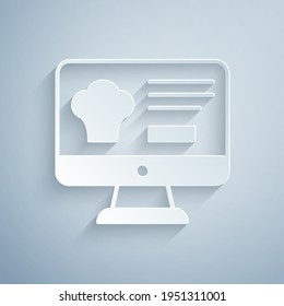 Recorte de papel Pedido en línea e icono de entrega de comida rápida aislado en fondo gris. Estilo de arte de papel. Vector