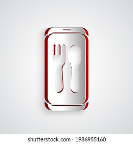 Paper cut Online ordering and fast food delivery icon isolated on grey background. Burger sign. Paper art style. Vector Illustration