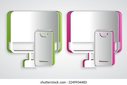 Recorte de papel Pedido en línea e icono de entrega de comida rápida aislado en fondo gris. Estilo de arte de papel. Vector