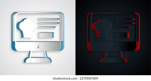 Paper cut Online ordering and fast food delivery icon isolated on grey and black background. Paper art style. Vector