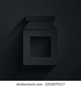 Recorte de papel Pedido en línea e icono de entrega de comida rápida aislado en fondo negro. Estilo de arte de papel. Vector