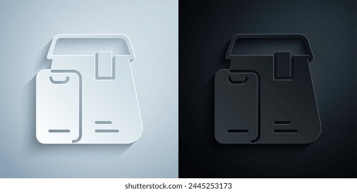 Corte de papel Pedido en línea e icono de entrega de comida rápida aislado en fondo gris y negro. Estilo de arte de papel. Vector