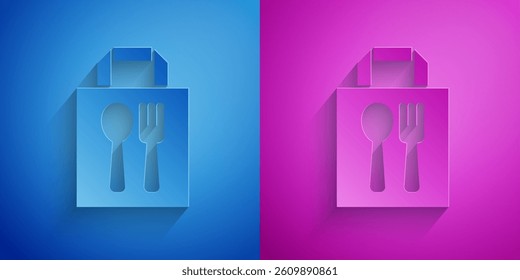 Paper cut Online ordering and fast food delivery icon isolated on blue and purple background. Paper art style. Vector