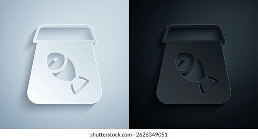 Paper cut Online ordering and fast food delivery with fish icon isolated on grey and black background. Paper art style. Vector