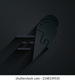 Paper cut Online ordering and ice cream in waffle cone icon isolated on black background. Sweet symbol. Paper art style. Vector