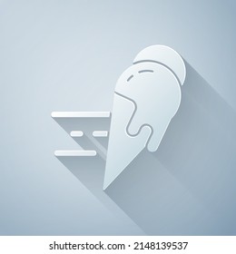 Paper cut Online ordering and ice cream in waffle cone icon isolated on grey background. Sweet symbol. Paper art style. Vector